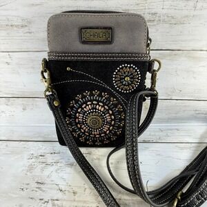 Chala Cell Phone Crossbody Bag Black Vegan Leather Mandala Studded Messenger